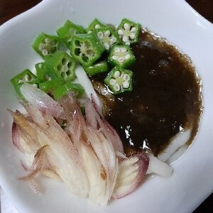 オクラとめかぶミョウガの冷やしうどん